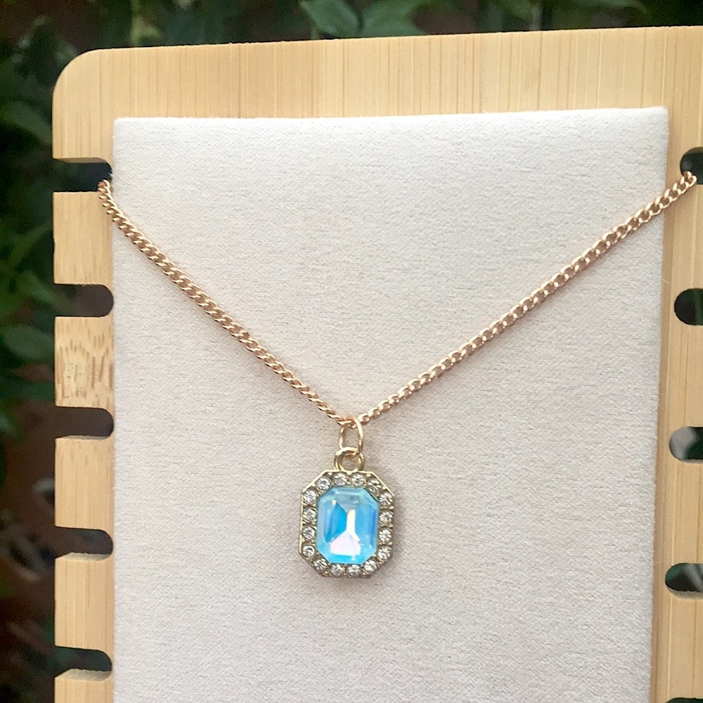 Aquamarine Aurora Borealis Opal Emerald Crystal Halo Pendant Necklace - Picture 5 of 5
